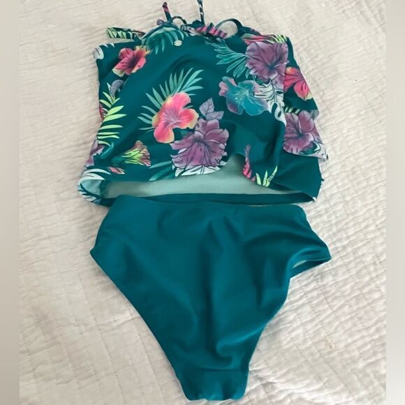 Girls Justice 3 piece set swim suit teal and floral and shorts size Large - Picture 5 of 15